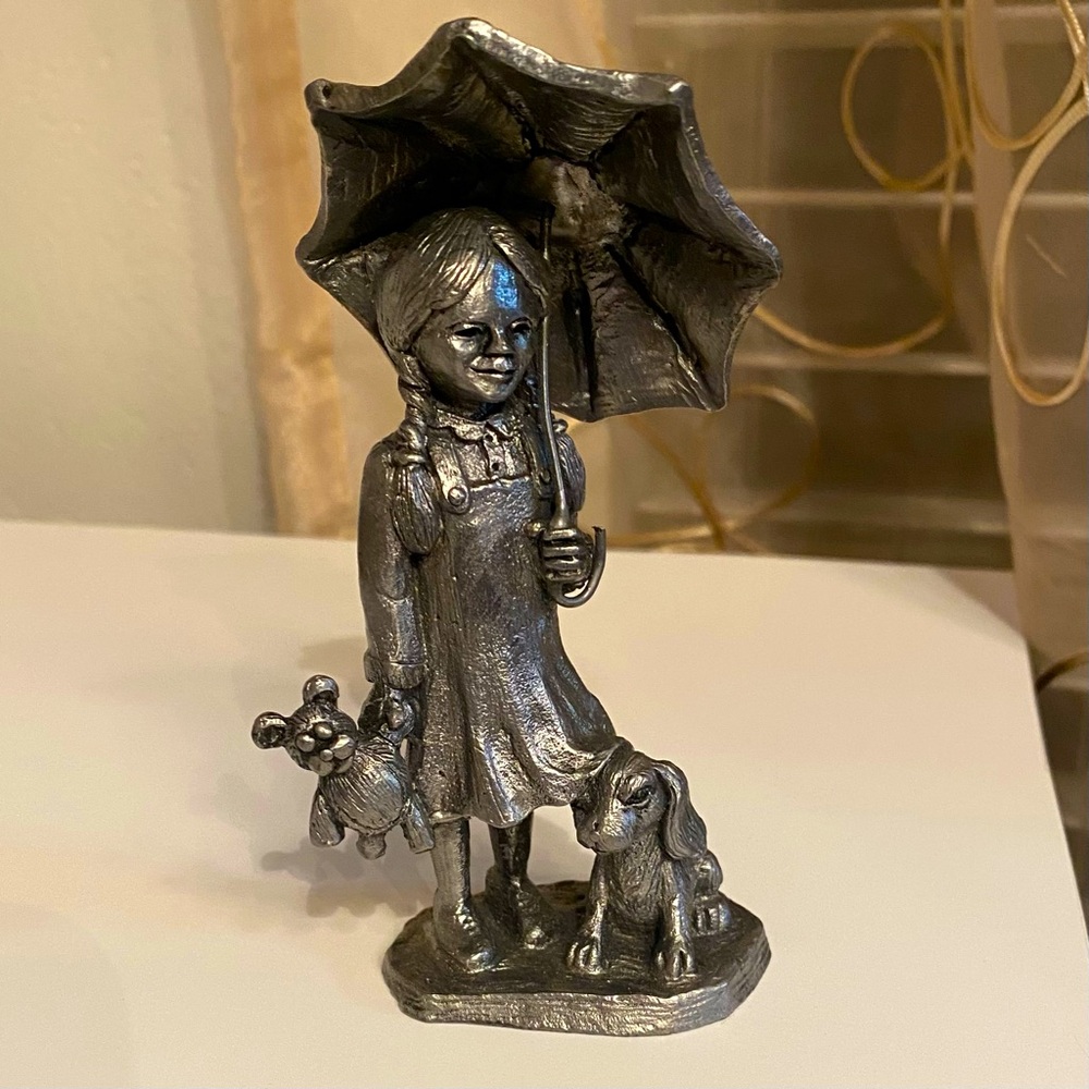 Vintage Silver Pewter Figurine of Girl with Umbrella, teddy bear and her dog